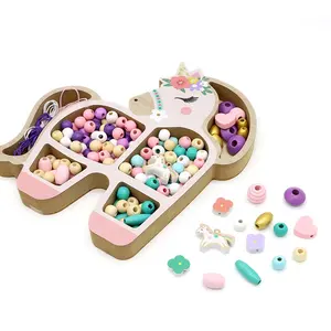 Educational Toys Handmade DIY Jewelry Making Unicorn Box Accessories Colorful Mixed Shape Painted Wooden Beads Kit for Kids