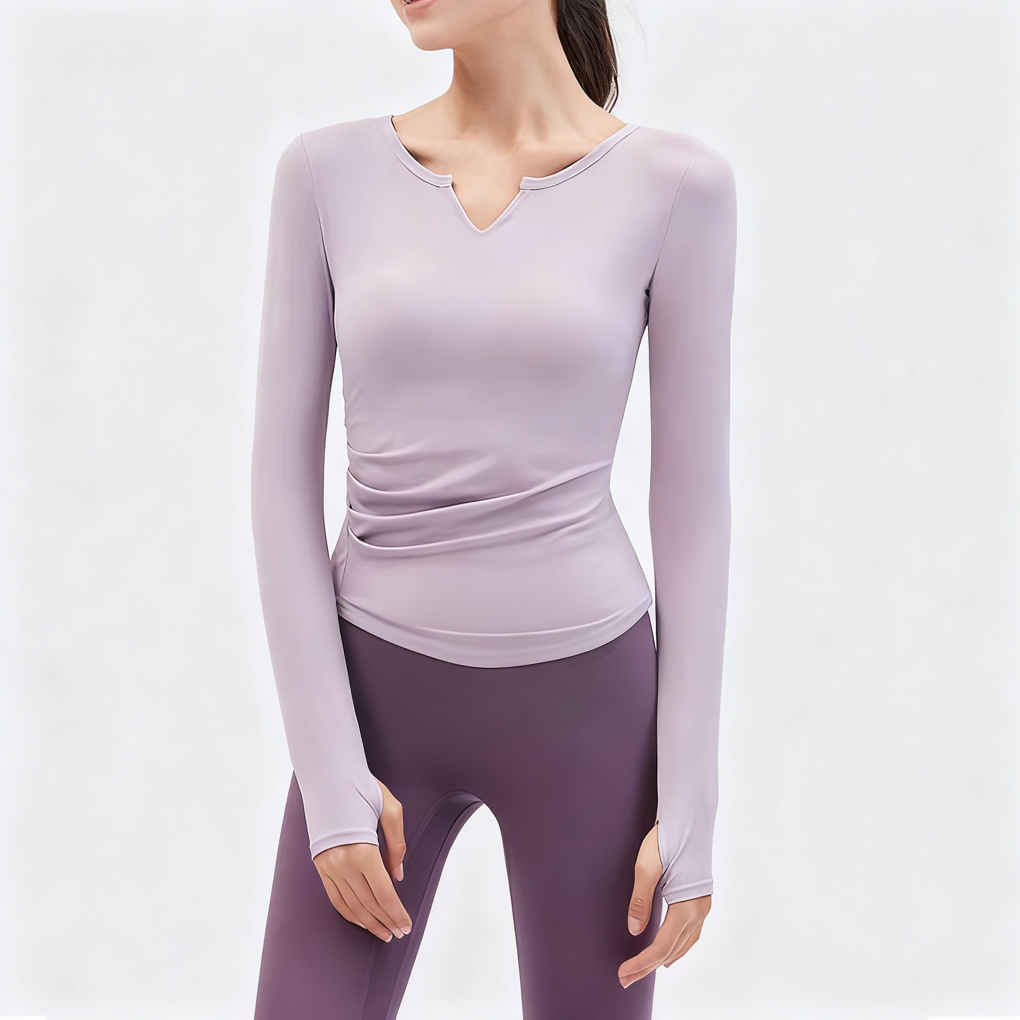 Yoga Clothes Long-sleeved Running Sports Top V-neck Nude Fitness Top Women's with Bra Pads