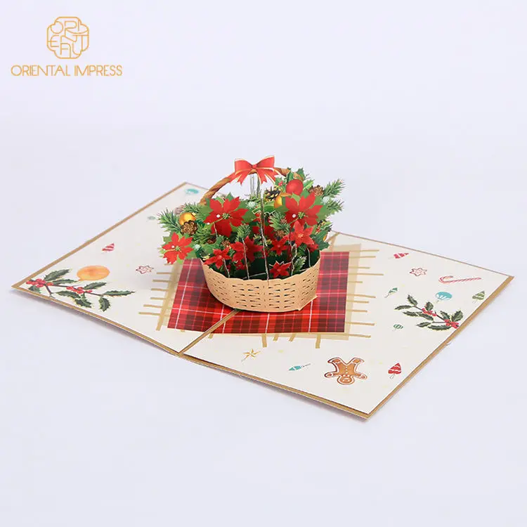 Hot Selling Pop Up Poinsettia Basket Season Greeting Card 3D Christmas Card