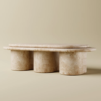 Table basse en marbre naturel Dream Home, plateau ovale superposé, trois colonnes en pierre massif, mobilier moderne pour salon
