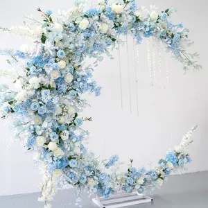 حامل ديكور بخلفية زهور للزفاف ، حامل زهور اصطناعية زرقاء ، ديكور زفاف وقمر وزهور