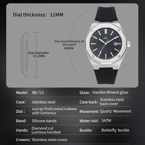 Montre mécanique automatique <span class=keywords><strong>Roy</strong></span> Bear avec aiguilles en verre, boîtier en acier inoxydable, étanche 5 ATM, bracelet en cuir, phase de lune personnalisée, unisexe - Product Image 4