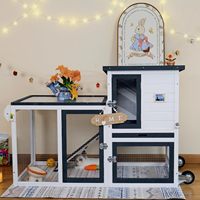 Cage à lapins mobile à 2 niveaux en bois avec toit imperméable et roues pour petits animaux d'intérieur et d'extérieur