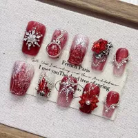 Faux ongles à presser faits main en acrylique courts de luxe rouge feu d'artifice pour femmes