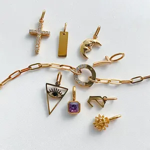 EManco Collier tendance minimaliste pour femme, avec pendentifs Triangle, Mauvais œil, Croix, Barre vierge, Lune, en acier inoxydable, chaîne à maillons, DIY, Dropshipping - Product Image 3