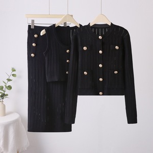 Dệt Kim Phù Hợp Với Womens Mùa Xuân 2024 Mới Rắn Cardigan Áo Len + Tank Top + Dệt Kim Nửa Váy Dệt Kim Ba Mảnh Thiết Lập - Product Image 4