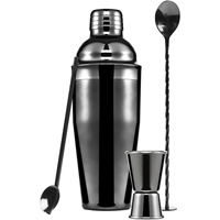 Ensemble de shaker à cocktail noir canon de fusil 4 pièces en acier inoxydable, outils de bar Cobbler avec doseur, cuillère de bar et paille pour bar à domicile