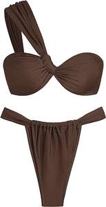 Satu bahu <span class=keywords><strong>Bikini</strong></span> Twisted Ruffles potongan tinggi Bustier <span class=keywords><strong>Bikini</strong></span> Set dua potong baju renang warna murni pakaian renang wanita - Product Image 5