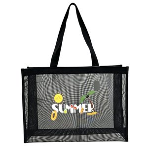 Sac fourre-tout en maille noir imprimé avec slogan, sac de plage écologique en filet, sac à main multifonctionnel pour voyage et courses - Product Image 5