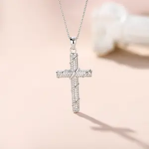 Hip Hop Jewelry AAA CZ Rhodium Plated Square Diamond Cross Pendant 925 sterling silver Full zircon Necklace for Men and Women