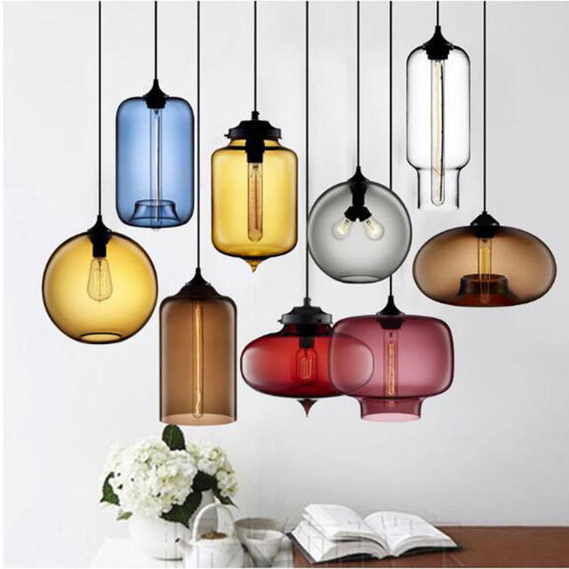 Minimalist Hanging Chandelier Lamp Nordic Modern Colored Hand Blown Glass Pendant Light Restaurant