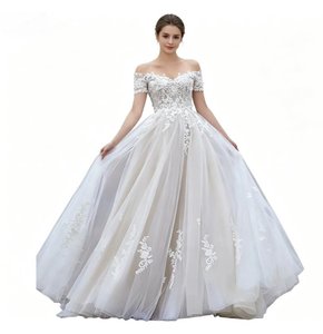 Abito da sposa personalizzato vintage con scollo a barchetta, linea ad A, <span class=keywords><strong>in</strong></span> <span class=keywords><strong>tulle</strong></span>, elegante, con cerniera posteriore, lunghezza al pavimento, strascico, per ballo di fine anno - Product Image 3