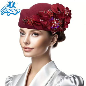 Béret vintage britannique en feutre de laine pour femme avec foulard et fleurs, doux, pour l'hiver, idéal pour l'église ou les courses de Derby - Product Image 1
