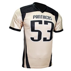 Maillot de football américain sublimé pour homme, noir et or, avec numéro imprimé, manches courtes, uniforme d'entraînement d'équipe, vente en gros - Product Image 1
