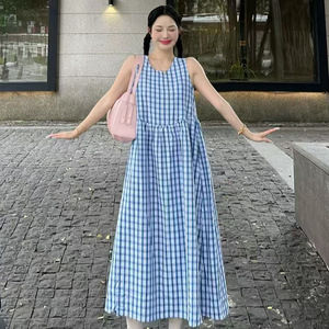 Women's Summer Korean Style Casual Mid Length Vacation <b>Dress</b> Light Blue Plaid V Neck <b>Elastic</b> Waist Breathable Leisure <b>Dress</b> - Product Image 4