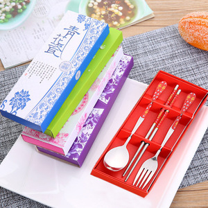 Cute Cartoon Stainless Steel Childrens Spoon And Fork Set Blue And White Porcelain 3 Piece <b>Kids</b> <b>Dining</b> Utensils - Product Image 1