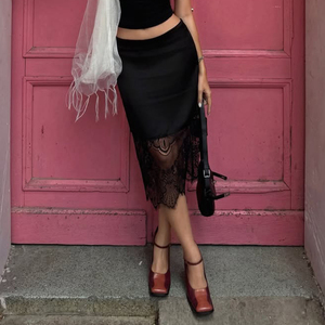 Falda midi sexy de encaje con abertura lateral, entallada, de satén, de cintura baja, elegante, versátil, informal, para uso diario. - Product Image 2