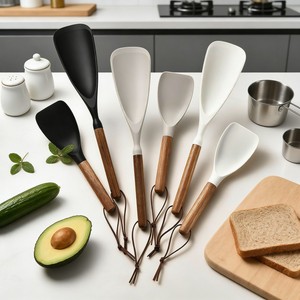 Juego de espátulas de silicona con mango de madera de acacia, 2 piezas, aptas para horno, utensilios de cocina - Product Image 1