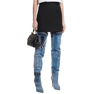 Handmade Denim Women's Sewing Patchwork Knee High Thin Heels Pockets Autumn Winter Mesh <b>Boots</b> Pointed Toe Shoes Stiletto Wide - Product Image 4