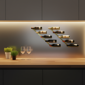 Estante para vino de metal dorado para montar en la pared, juego de 7 botellas, juego de 2 piezas, almacenamiento moderno para bar, diseño resistente al óxido - Product Image 2