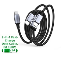 Kabel Data Pengisian Cepat PD 2 in 2 USB C ke Dual Type C 1.2m Grosir, Kabel Multifungsi Berbahan Kepang untuk iPhone Seri 18 15