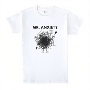 T-shirt Mr. Anxiety bianca unisex con scollo rotondo, maglietta promozionale - Product Image 2