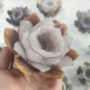 Produk Baru Batu Akik Berkilau Alami Kristal Kerajinan Ukir Lotus Cantik Batu Akik Lotus Geode