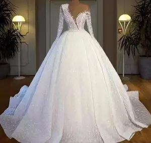 Afrika gelin düğün elbisesi abito da sposa uzun kollu yüksek bel vintage yüksek düşük omuz beyaz gelin kıyafeti