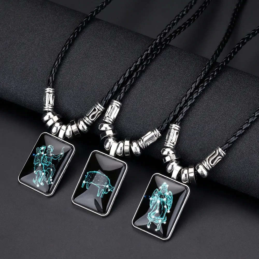 Fashion 12 Zodiac Sign Bracelet Black Leather necklace Bracelet for Men