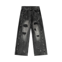 Jean en denim déchiré pour homme, style vintage Y2K streetwear, délavé, vieilli, avec rivets, taille mi-haute