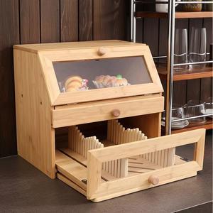 Hộp bánh mì tre Hai Lớp Có cửa sổ, Thùng Lưu Trữ bánh mì nhà bếp bằng gỗ có ngăn kéo, hộp bánh mì góc đa phong cách - Product Image 2