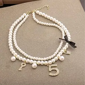 Sierlijke Gesimuleerde Parels Choker Gelaagde Parel Ketting Strass Nummer 5 Bengelen Ketting Voor Vrouwen Feest Sieraden Geschenken