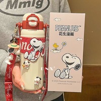 Thermos pour enfants Snoopys en acier inoxydable 316 à double paroi, gourde avec paille et sangle de transport