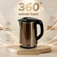 Ketel Listrik Stainless Steel Emas 2.2L untuk Merebus Air, Teh & Kopi, Dinding Ganda, Mati Otomatis, 360 °   Pabrik OEM, Pabrik Asli