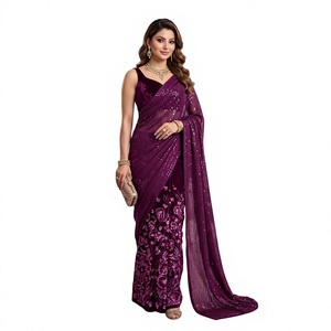Women's <b>Purple</b> <b>Glitter</b> Print Saree With Floral Design Traditional Indian Wear For Wedding Floor-Length Regular Fit Stretchable S - Product Image 1