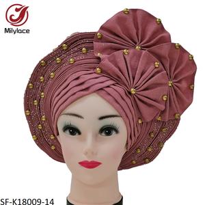 Beaux accessoires de mariage Turban avec perles pierres couleur unie plissé africain dames bandeau chapeau de fête - Product Image 6