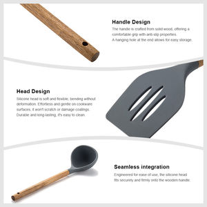 Ensemble de cuisine en silicone de 6 pièces en gros, ensemble de cuisine en silicone réutilisable résistant à la chaleur avec poignée en bois d'<span class=keywords><strong>acacia</strong></span> - Product Image 3