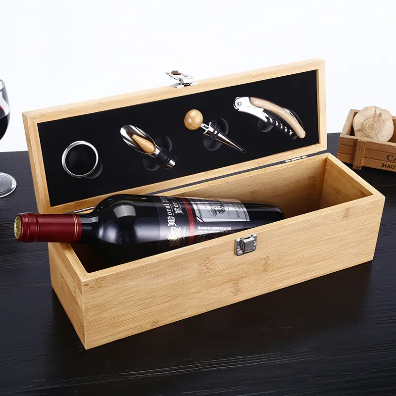 Grosir Set Kotak Kemasan Hadiah Botol Kaca Anggur Bambu MDF Kayu Logo Kustom dengan Aksesori Anggur