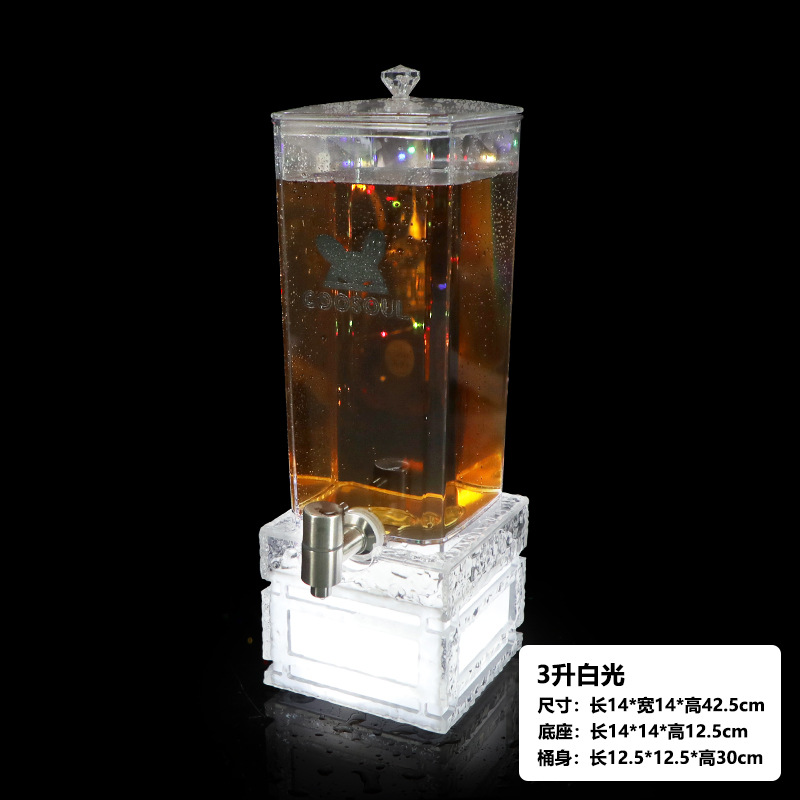 Base transparente con diseño de piedra, luz blanca, barril de vino de 3 litros.