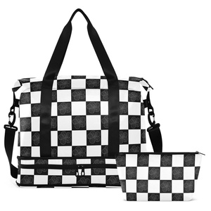 2PCS Black White Checkered Design Gym Tote Hawaii Outline Flower Gym Garment Duffle Bag Custom Travel Bag with <b>Trolley</b> Sleeve - Product Image 2