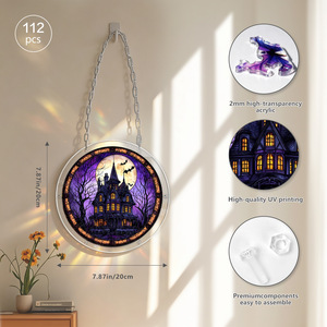 Rompecabezas acrílico con forma de castillo de Halloween, adorno decorativo redondo de 7,87 pulgadas con cadena para decoración de pared del hogar - Product Image 1
