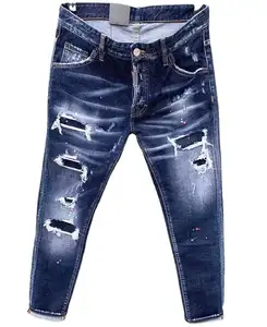 New arrival fashion casual slim fit street wear ripped hole painting straight leg jeans for men