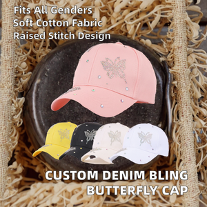 Casquette de baseball sport hip-hop en sergé de coton lavé personnalisé, six panneaux, réglable, avec strass brillants et perles papillon pour queue de cheval, pour femme - Product Image 2