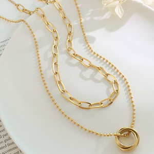 Chaîne perlée double couche plaqué or PVD 18 carats chaînes de trombones pendentif en acier inoxydable collier ras du cou en perles flottantes - Product Image 6