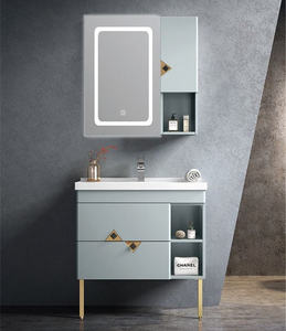 Meuble-lavabo <span class=keywords><strong>de</strong></span> salle <span class=keywords><strong>de</strong></span> bain moderne sur pied en PVC, double <span class=keywords><strong>porte</strong></span>, avec vasque en céramique et armoire miroir, personnalisable pour la vente en gros - Product Image 4