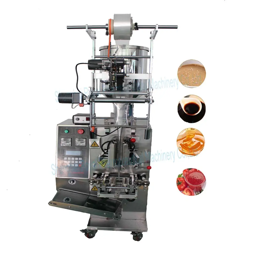 3 Kant Afdichting Automatische Vloeibare Pasta Kleine Vulling Verpakking Machine Voor Fruit Pulp Honing Tomaat Ketchup Salade Saus