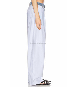 100% algodón holgado de lujo para mujer rayas originales azul y <span class=keywords><strong>blanco</strong></span> Denim cintura algodón Oxford pantalones Denim cintura Pantalones - Product Image 2