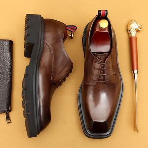 Chaussures habillées pour hommes en cuir véritable, style Derby, à bout carré, légères, respirantes, antidérapantes, à lacets, pour le bureau, toutes saisons - Product Image 2
