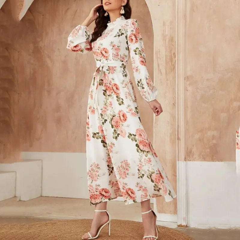 New Ladies Autumn Summer Long Sleeves With Elastic Cuffs Floral Print Elegant Ladies Tunic Long Dress Chiffon Silk Ladies Dress