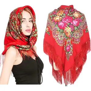 Dress scarves lady print flowers russian style polyester cotton square scarf tassel printed 110 cm